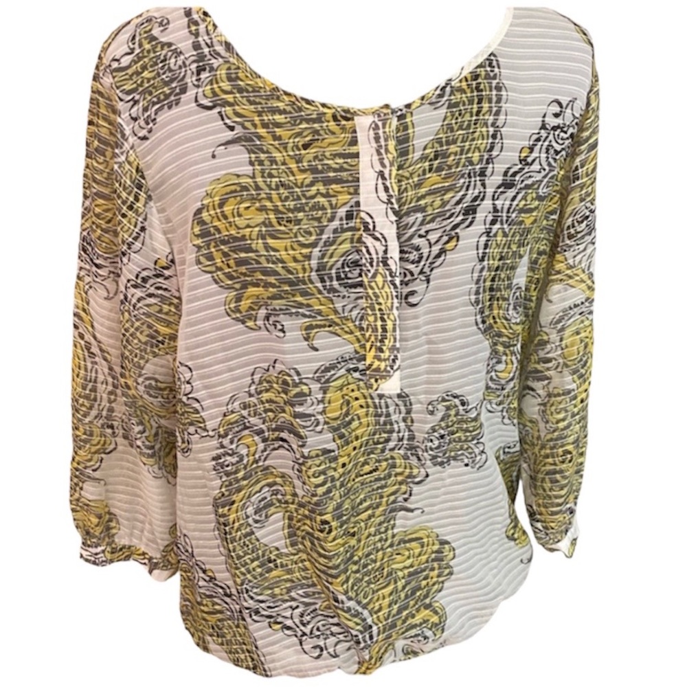 Ann Taylor Very Sheer White Yellow Gray & Black Paisley Blouse